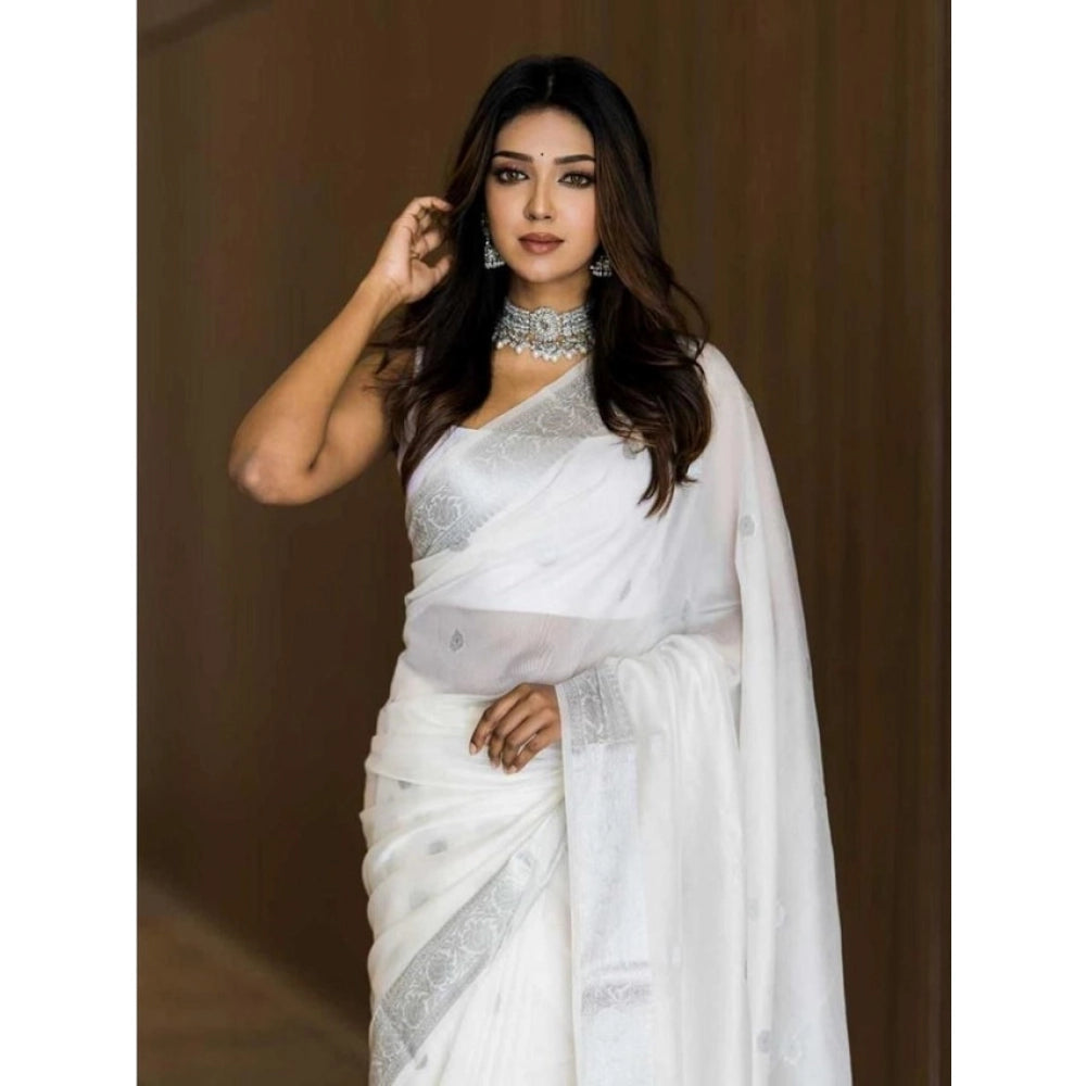 Seduva Women's Soft Lichi Silk Printed Saree With Unstitched Blouse 5.5Mtr (White)