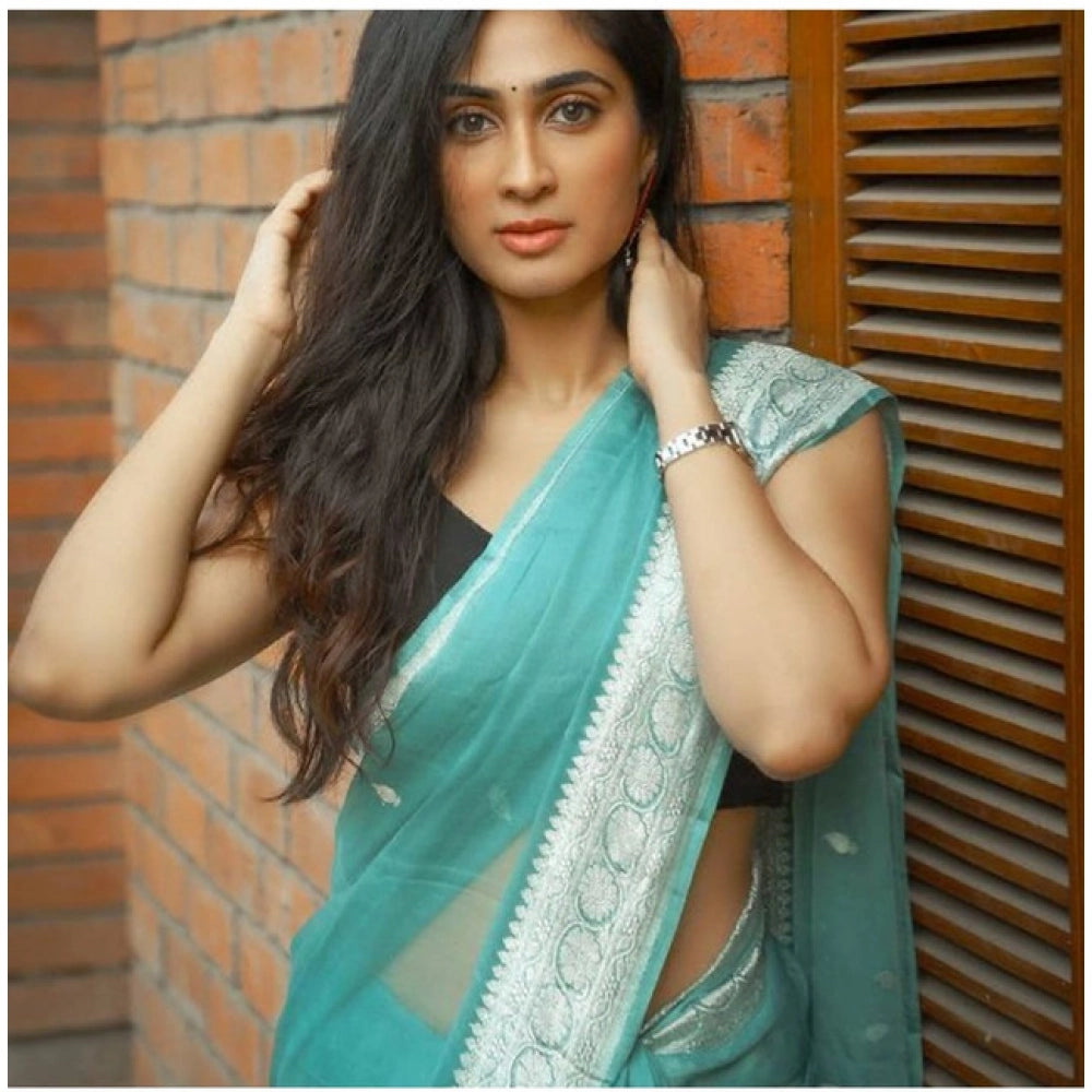 Seduva Women's Soft Lichi Silk Printed Saree With Unstitched Blouse 5.5Mtr (Sky-Blue)