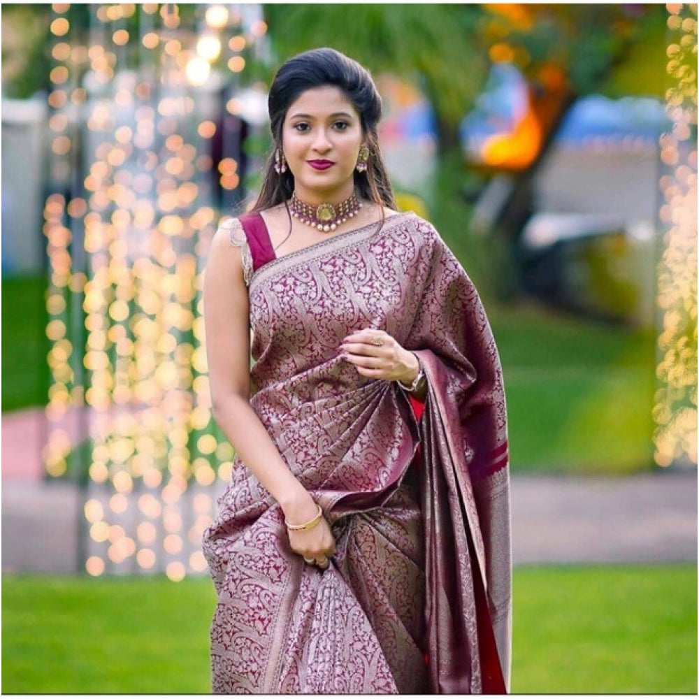 Seduva Women's Soft Lichi Silk Printed Saree With Unstitched Blouse 5.5Mtr (Wine)
