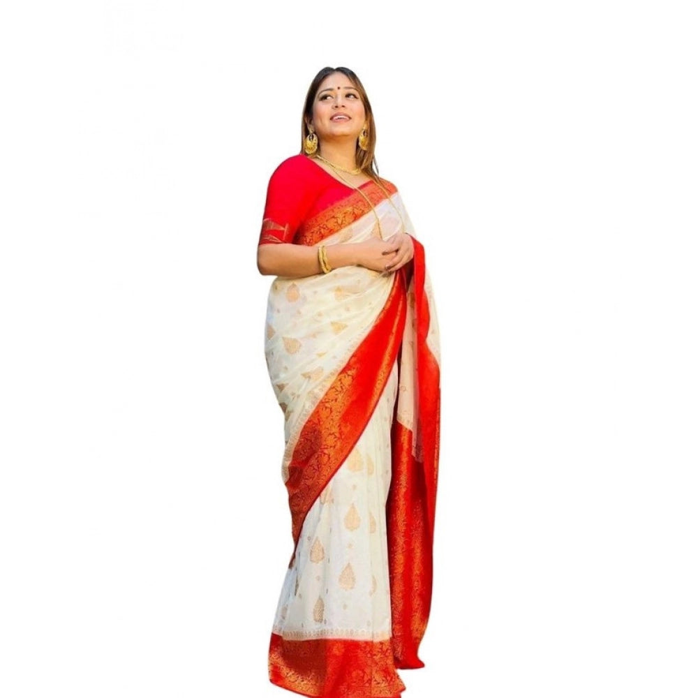 Seduva Women's Soft Lichi Silk Printed Saree With Unstitched Blouse 5.5Mtr (White)