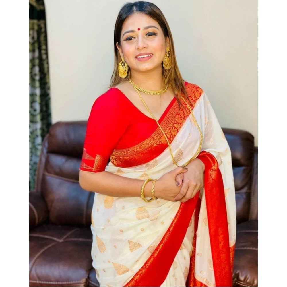 Seduva Women's Soft Lichi Silk Printed Saree With Unstitched Blouse 5.5Mtr (White)