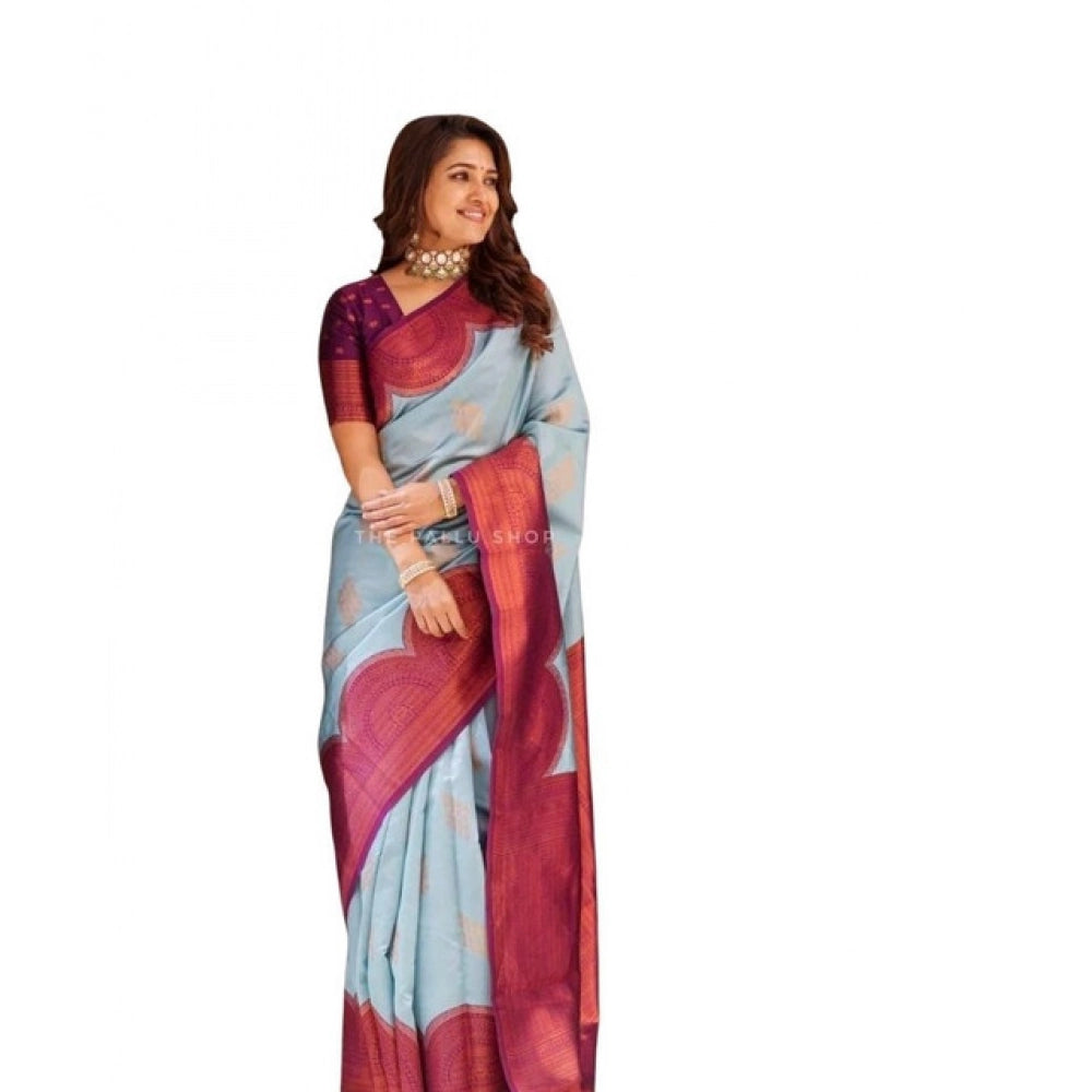 Seduva Women's Soft Lichi Silk Printed Saree With Unstitched Blouse 5.5Mtr (Light-Blue)
