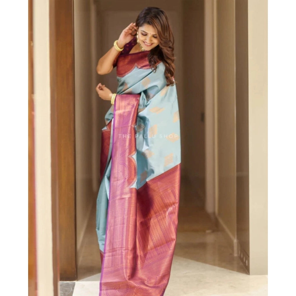 Seduva Women's Soft Lichi Silk Printed Saree With Unstitched Blouse 5.5Mtr (Light-Blue)