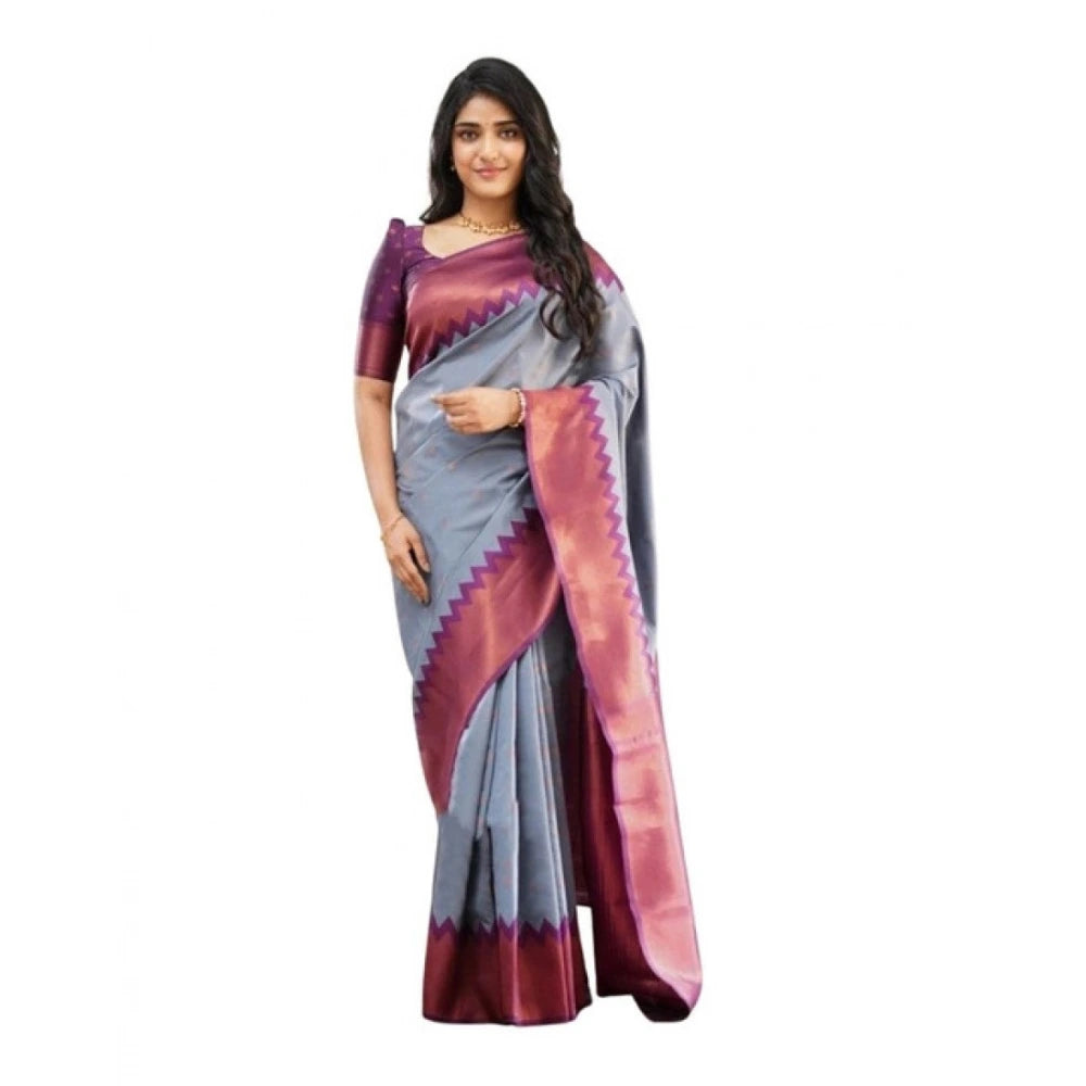Seduva Women's Soft Lichi Silk Printed Saree With Unstitched Blouse 5.5Mtr (Grey)