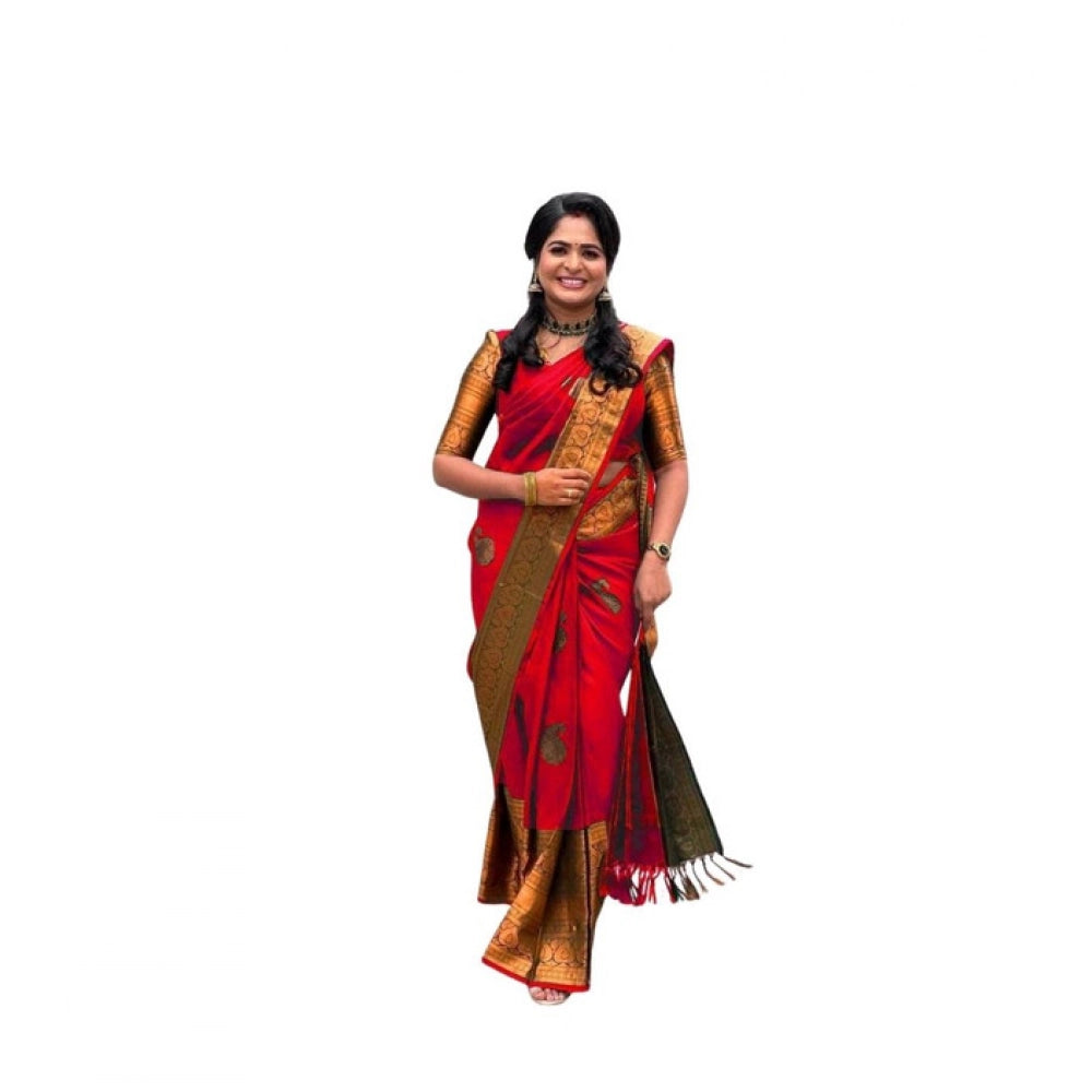 Seduva Women's Soft Lichi Silk Printed Saree With Unstitched Blouse 5.5Mtr (Red)