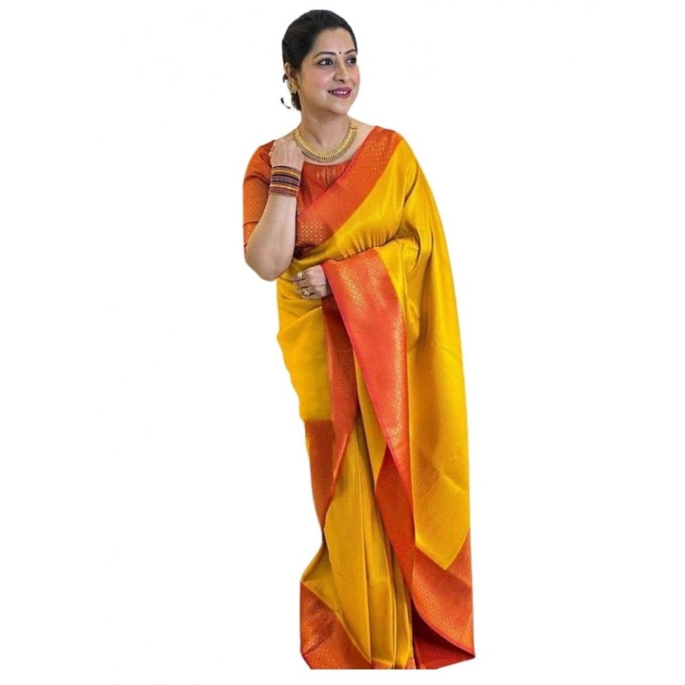 Seduva Women's Soft Lichi Silk Printed Saree With Unstitched Blouse 5.5Mtr (Mustard )