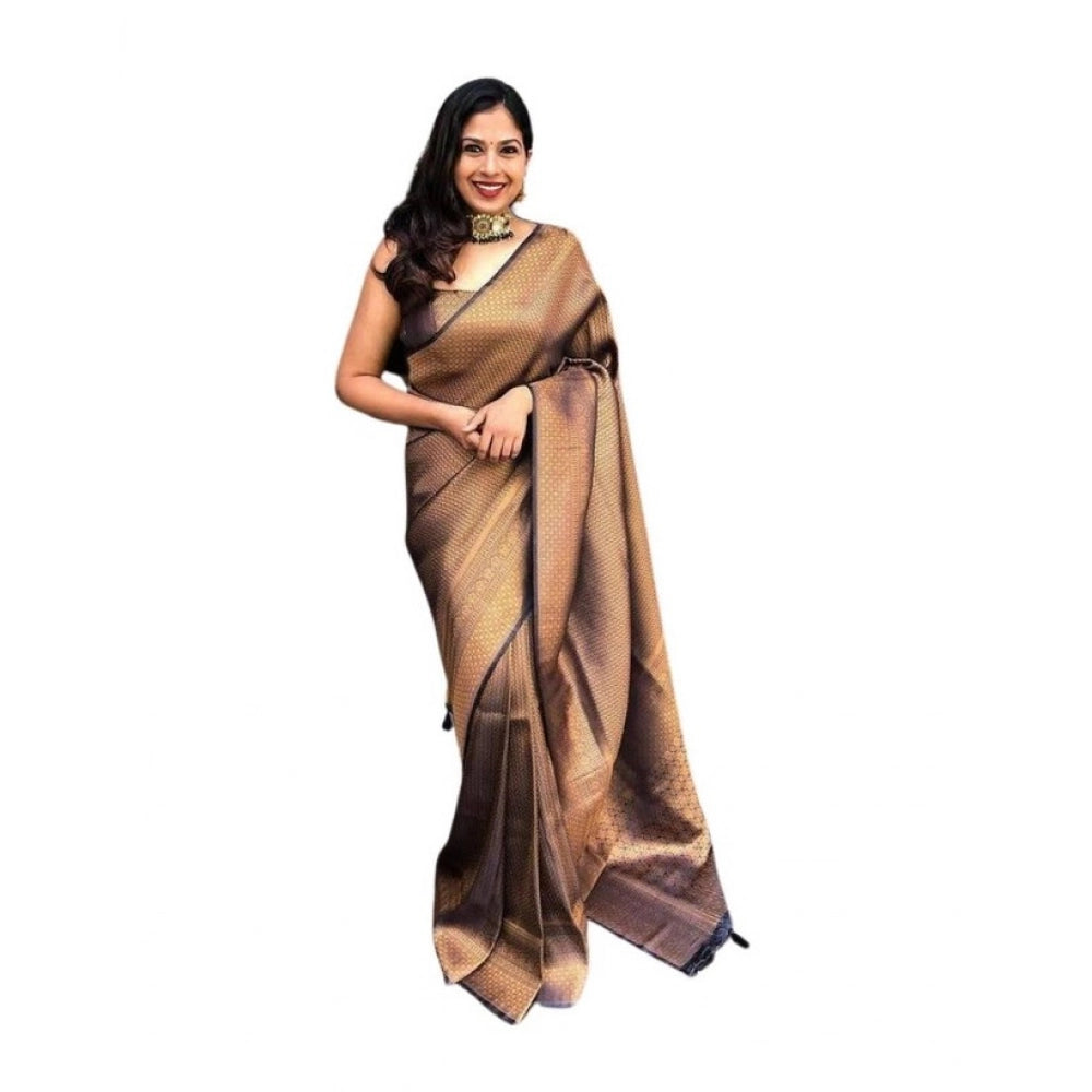 Seduva Women's Soft Lichi Silk Printed Saree With Unstitched Blouse 5.5Mtr (Black-Gold)