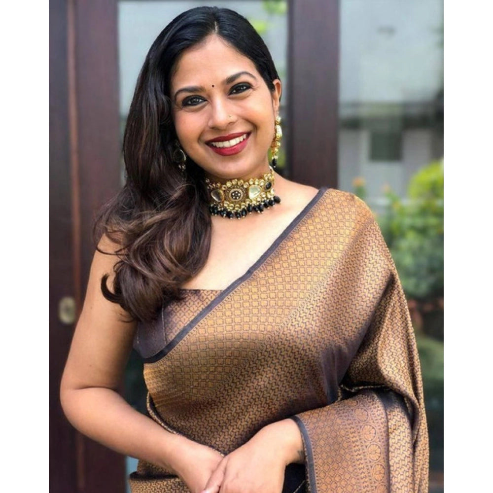 Seduva Women's Soft Lichi Silk Printed Saree With Unstitched Blouse 5.5Mtr (Black-Gold)