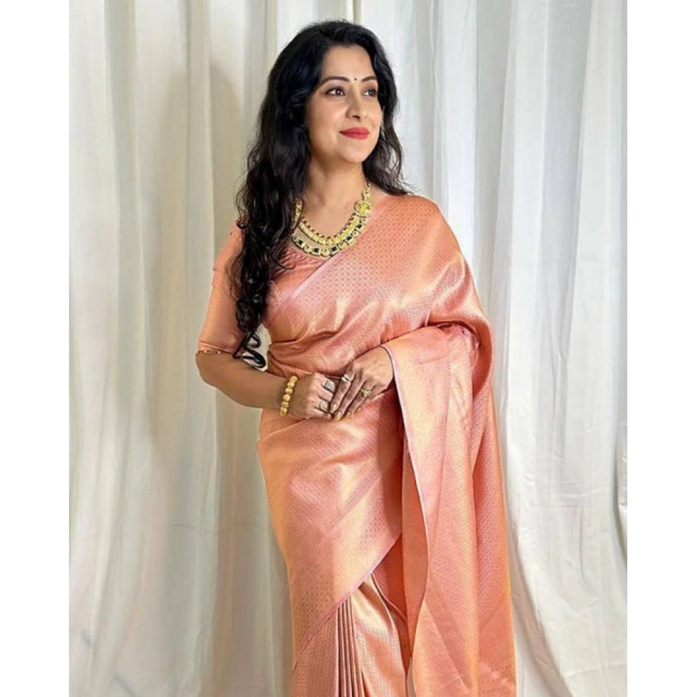 Seduva Women's Soft Lichi Silk Printed Saree With Unstitched Blouse 5.5Mtr (Peach)