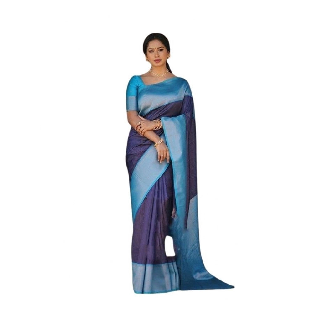Seduva Women's Soft Lichi Silk Printed Saree With Unstitched Blouse 5.5Mtr (Blue)
