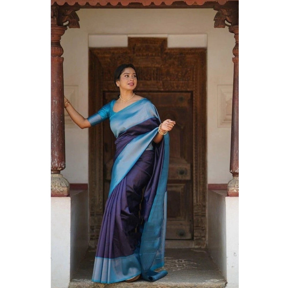 Seduva Women's Soft Lichi Silk Printed Saree With Unstitched Blouse 5.5Mtr (Blue)
