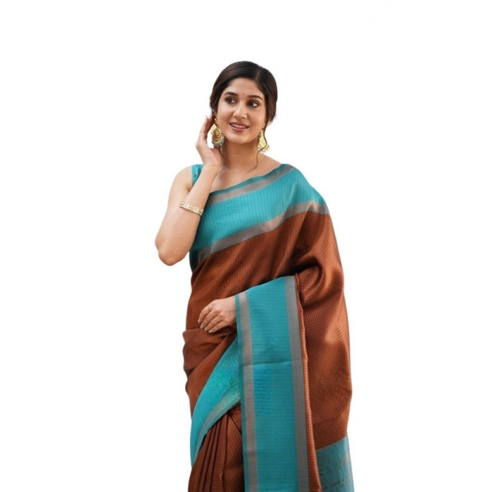 Seduva Women's Soft Lichi Silk Printed Saree With Unstitched Blouse 5.5Mtr (Brown)
