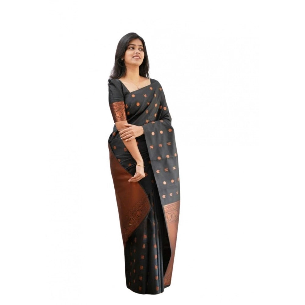 Seduva Women's Soft Lichi Silk Printed Saree With Unstitched Blouse 5.5Mtr (Black)