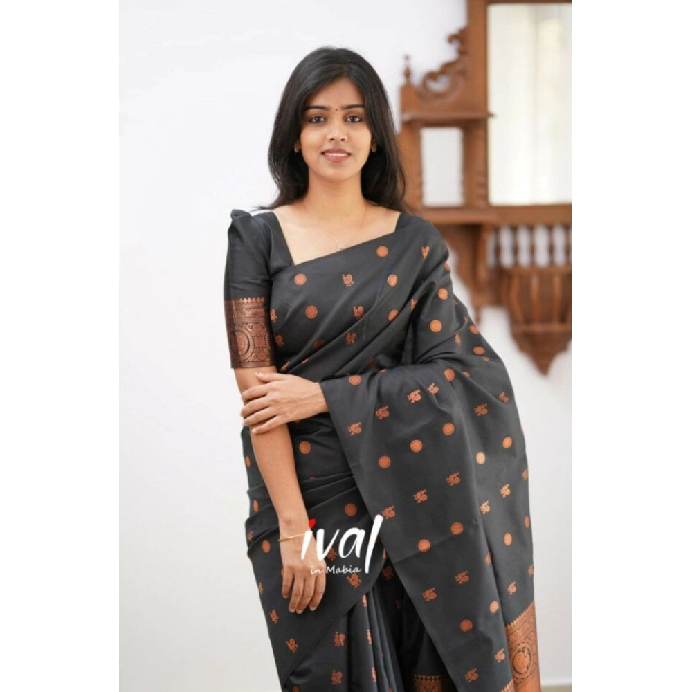 Seduva Women's Soft Lichi Silk Printed Saree With Unstitched Blouse 5.5Mtr (Black)