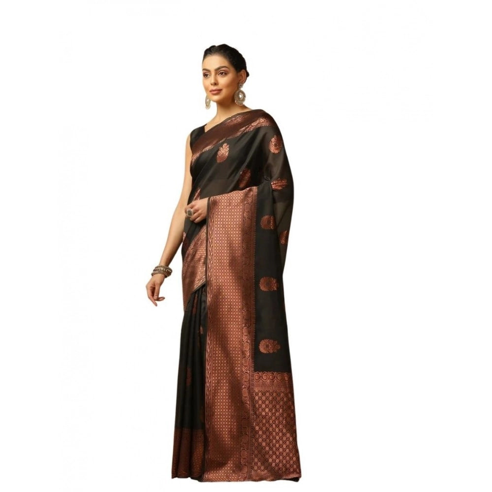 Seduva Women's Soft Lichi Silk Printed Saree With Unstitched Blouse 5.5Mtr (Black)