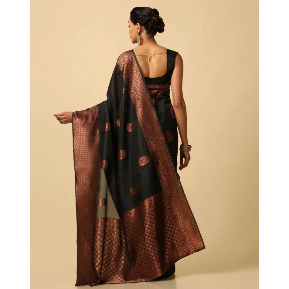 Seduva Women's Soft Lichi Silk Printed Saree With Unstitched Blouse 5.5Mtr (Black)