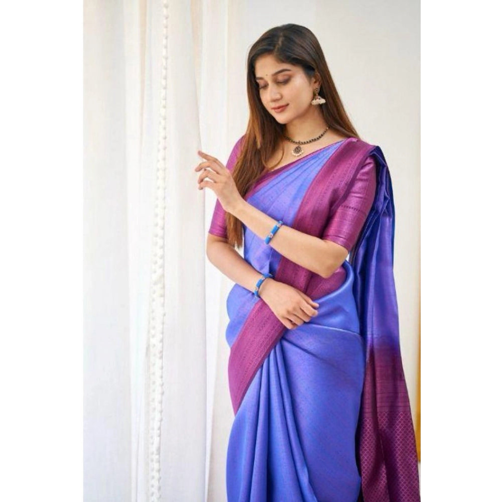 Seduva Women's Soft Lichi Silk Printed Saree With Unstitched Blouse 5.5Mtr (Blue)