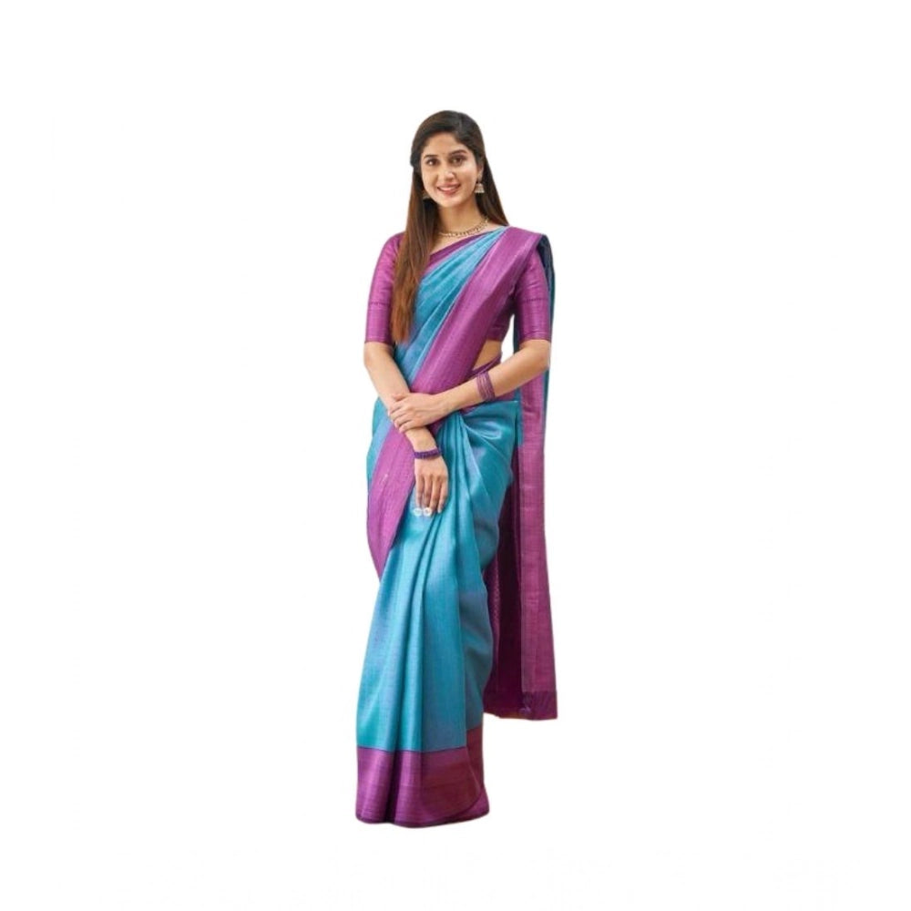 Seduva Women's Soft Lichi Silk Printed Saree With Unstitched Blouse 5.5Mtr (Sky-Blue)