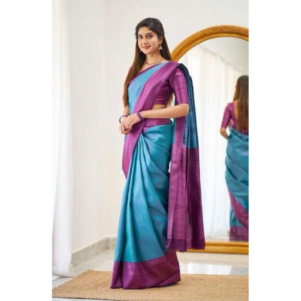 Seduva Women's Soft Lichi Silk Printed Saree With Unstitched Blouse 5.5Mtr (Sky-Blue)