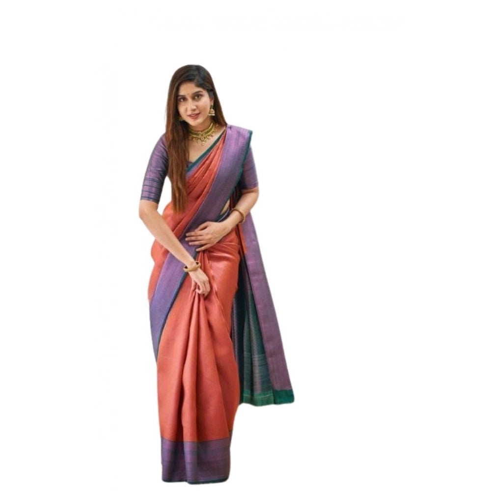 Seduva Women's Soft Lichi Silk Printed Saree With Unstitched Blouse 5.5Mtr (Orange)