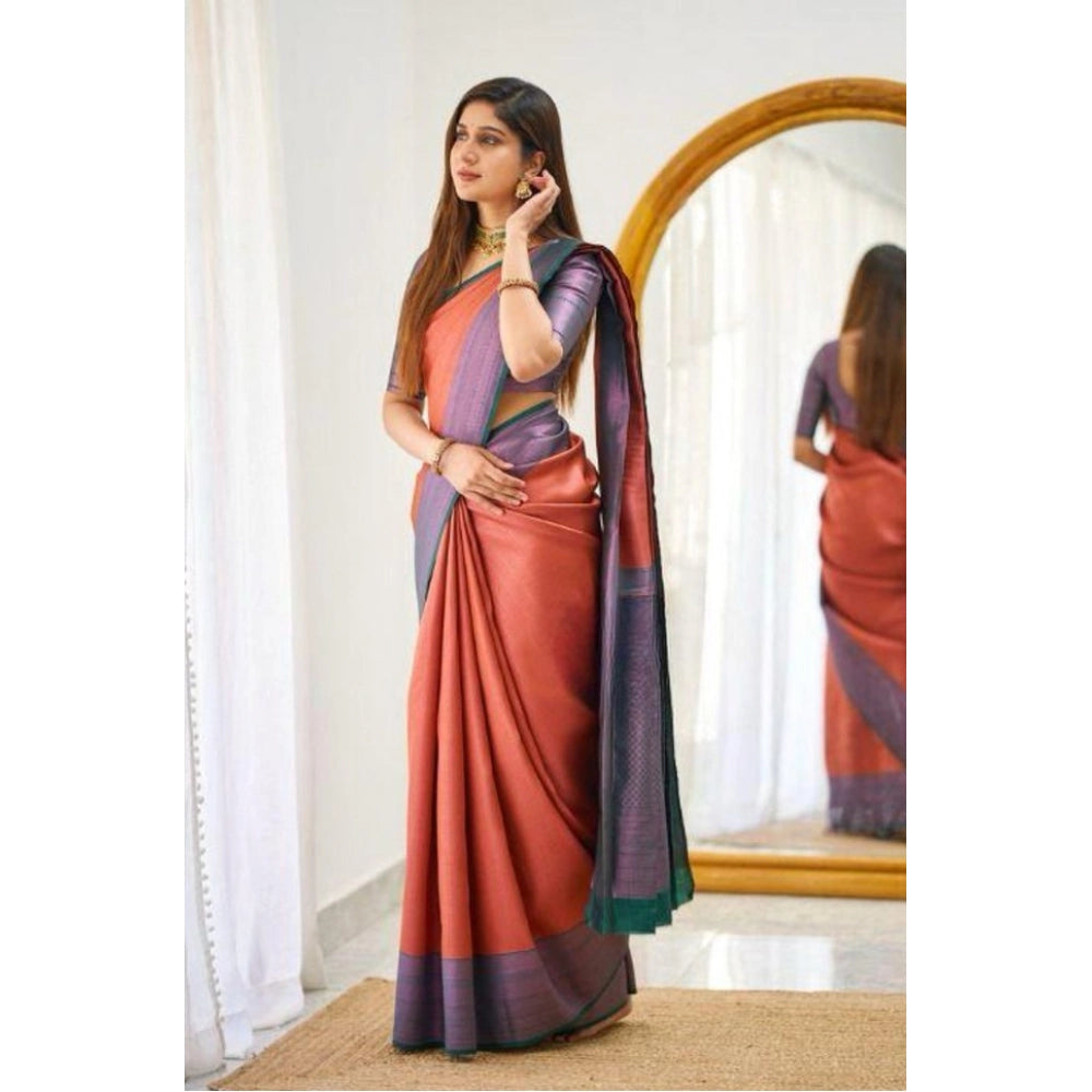 Seduva Women's Soft Lichi Silk Printed Saree With Unstitched Blouse 5.5Mtr (Orange)