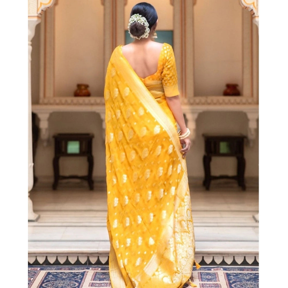Seduva Women's Soft Lichi Silk Printed Saree With Unstitched Blouse 5.5Mtr (Yellow)