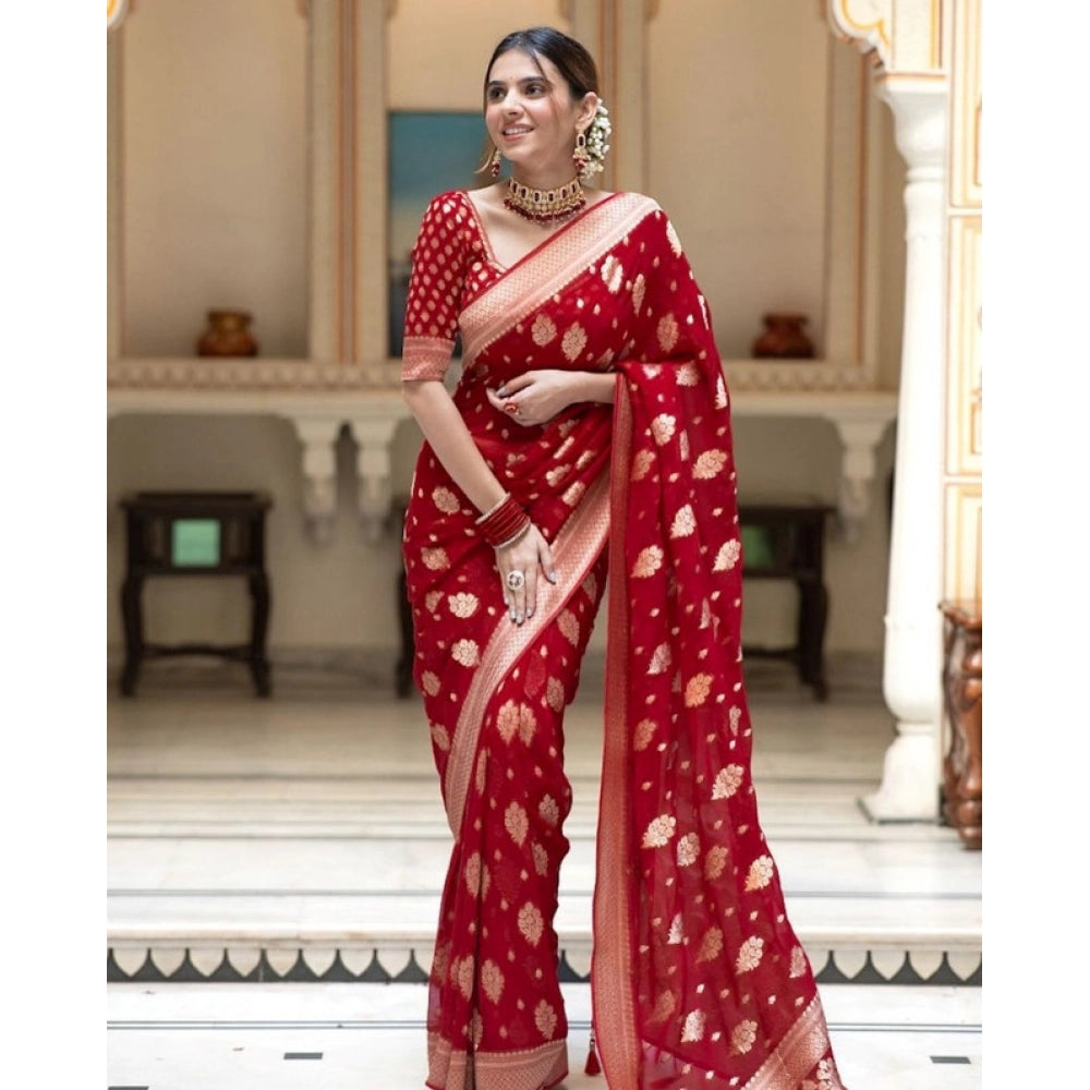 Seduva Women's Soft Lichi Silk Printed Saree With Unstitched Blouse 5.5Mtr (Red)