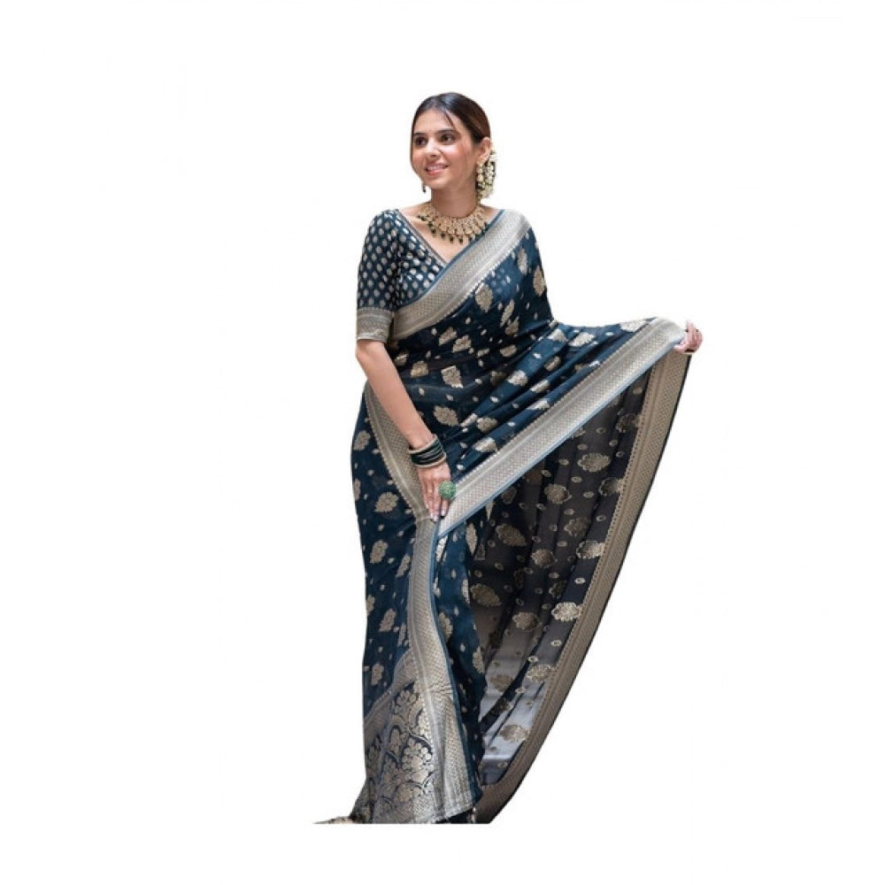 Seduva Women's Soft Lichi Silk Printed Saree With Unstitched Blouse 5.5Mtr (Blue)
