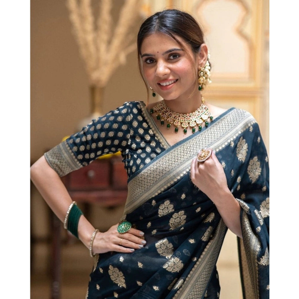 Seduva Women's Soft Lichi Silk Printed Saree With Unstitched Blouse 5.5Mtr (Blue)
