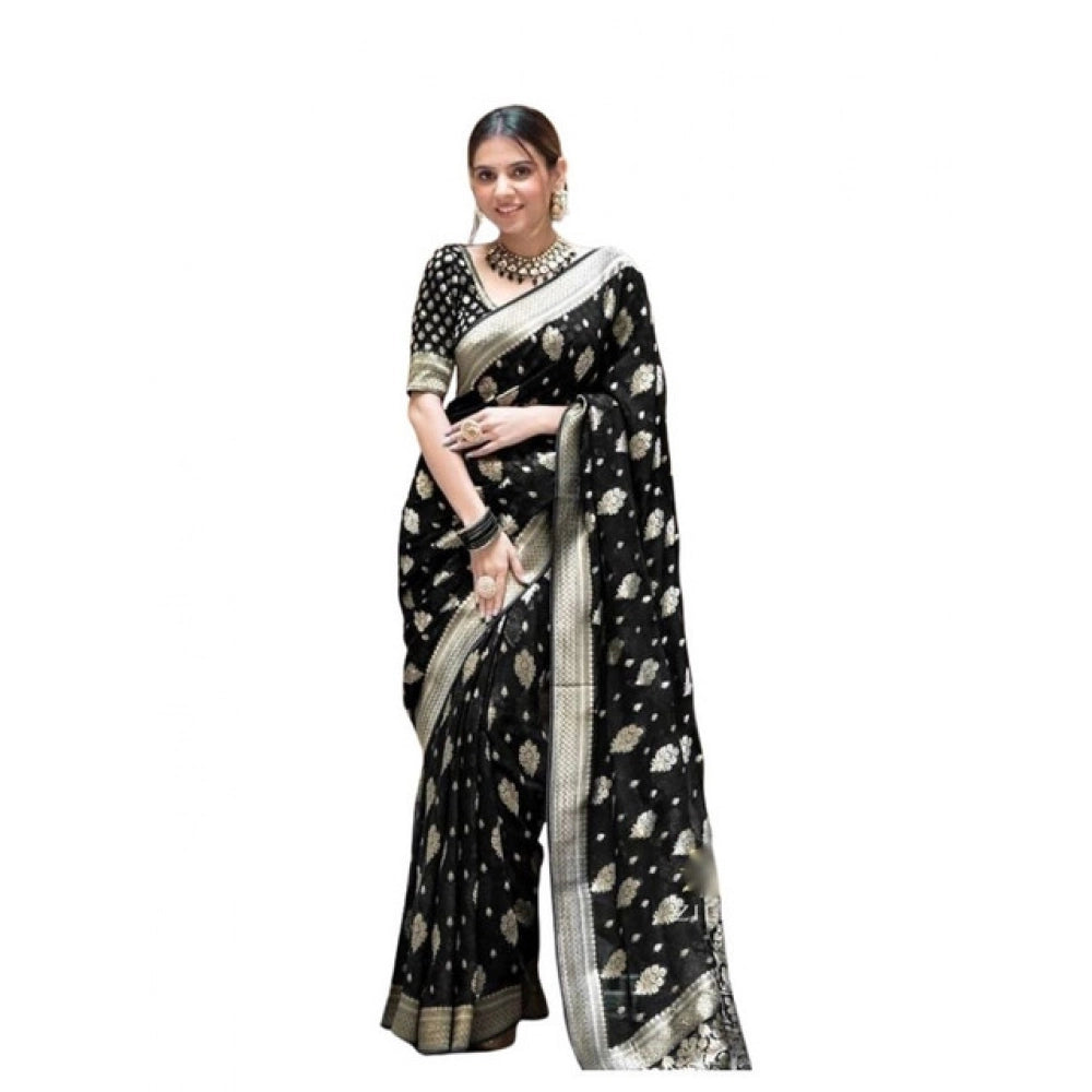 Seduva Women's Soft Lichi Silk Printed Saree With Unstitched Blouse 5.5Mtr (Black)