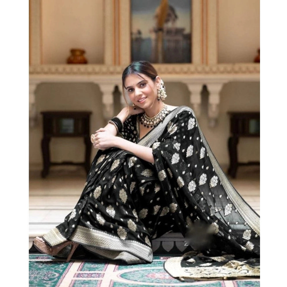 Seduva Women's Soft Lichi Silk Printed Saree With Unstitched Blouse 5.5Mtr (Black)