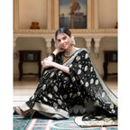 Seduva Women's Soft Lichi Silk Printed Saree With Unstitched Blouse 5.5Mtr (Black)