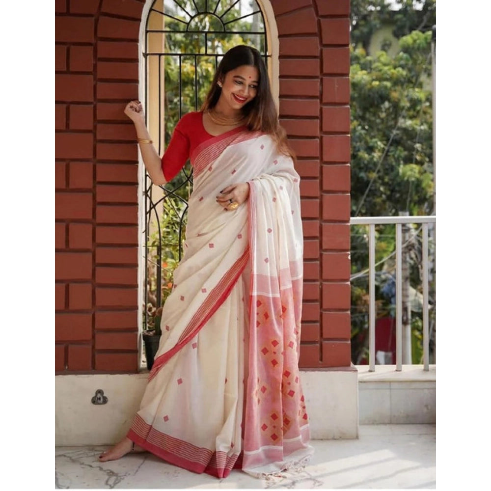 Seduva Women's Soft Lilan Printed Saree With Unstitched Blouse 5.5Mtr (White)