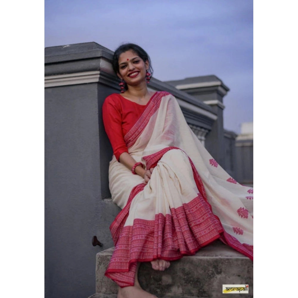 Seduva Women's Soft Lilan Printed Saree With Unstitched Blouse 5.5Mtr (White)