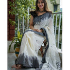 Seduva Women's Soft Lilan Printed Saree With Unstitched Blouse 5.5Mtr (White-Black)