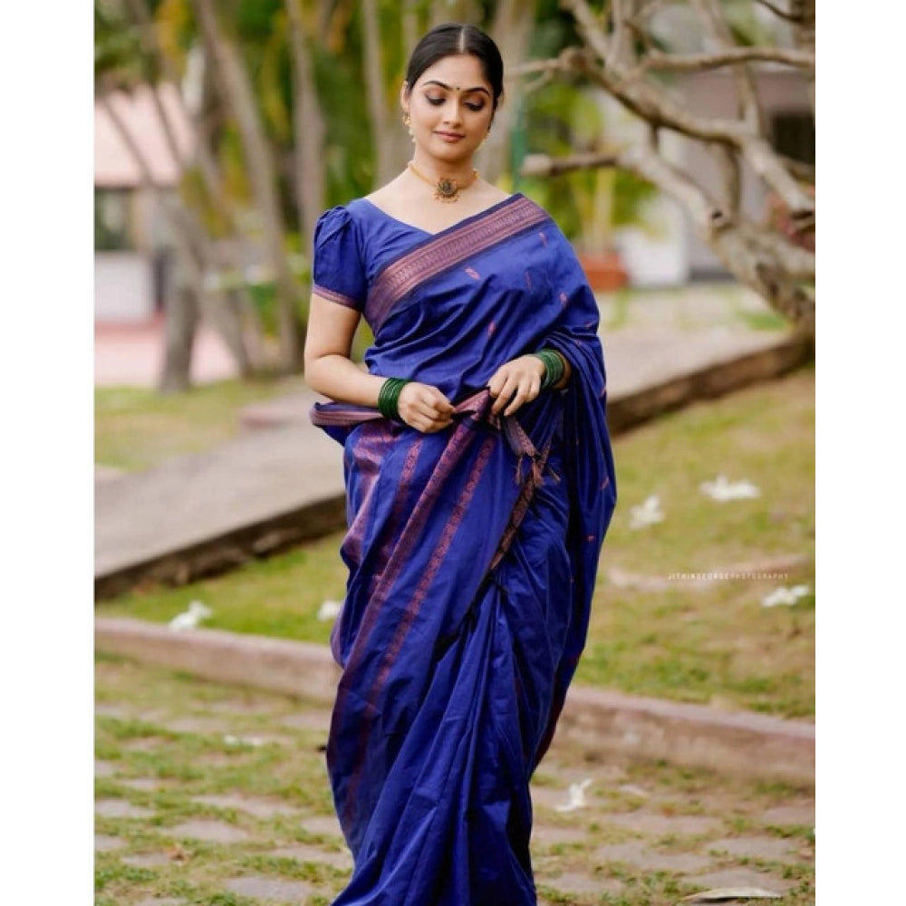 Seduva Women's Soft Lichi Silk Printed Saree With Unstitched Blouse 5.5Mtr (Blue)