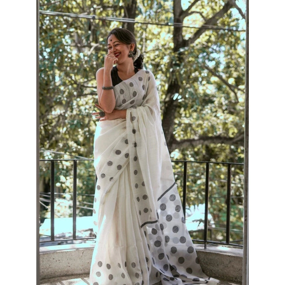 Seduva Women's Soft Lilan Printed Saree With Unstitched Blouse 5.5Mtr (White)