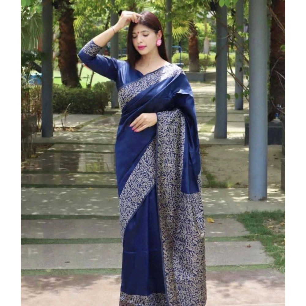Seduva Women's Soft Lichi Silk Printed Saree With Unstitched Blouse 5.5Mtr (Blue)