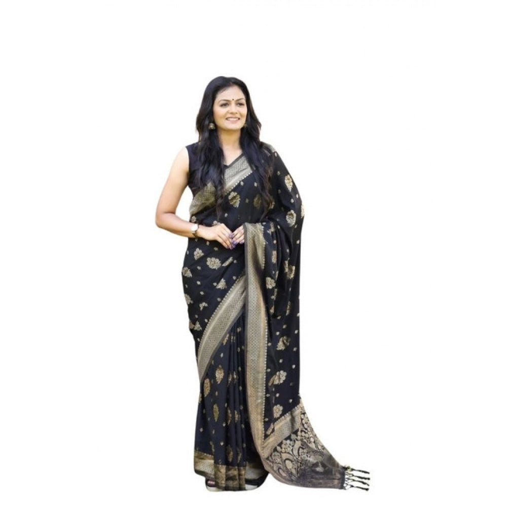 Seduva Women's Soft Lichi Silk Printed Saree With Unstitched Blouse 5.5Mtr (Black)