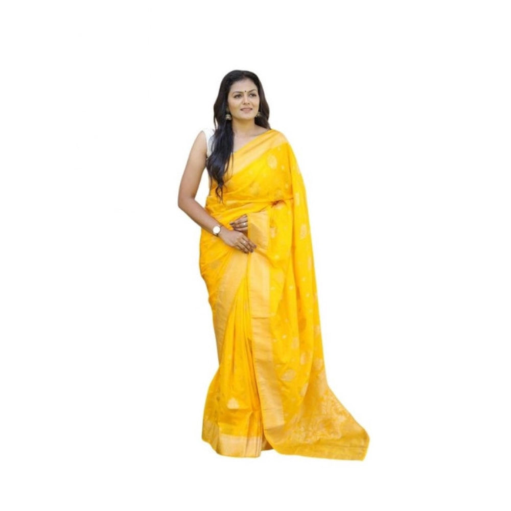 Seduva Women's Soft Lichi Silk Printed Saree With Unstitched Blouse 5.5Mtr (Yellow)