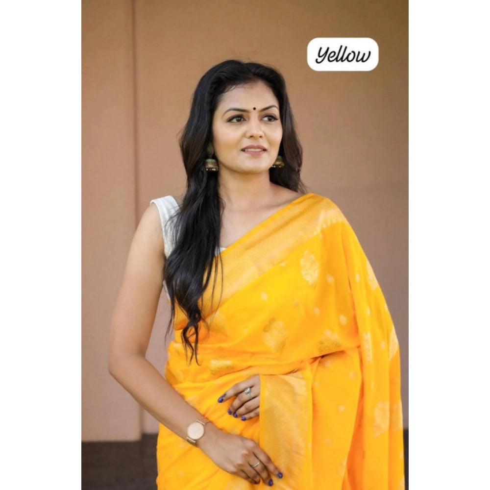 Seduva Women's Soft Lichi Silk Printed Saree With Unstitched Blouse 5.5Mtr (Yellow)