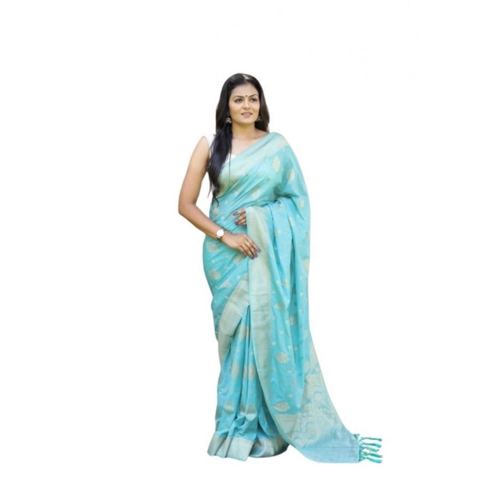 Seduva Women's Soft Lichi Silk Printed Saree With Unstitched Blouse 5.5Mtr (Sky-Blue)
