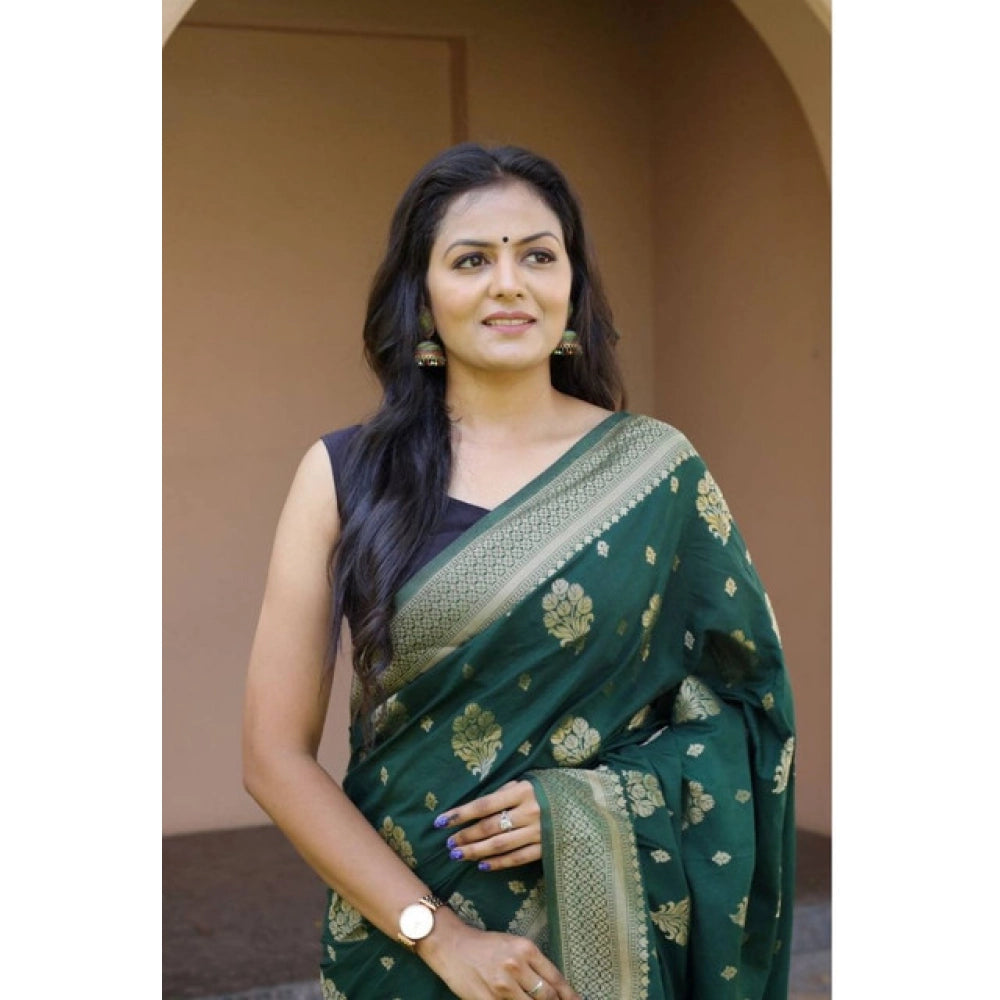 Seduva Women's Soft Lichi Silk Printed Saree With Unstitched Blouse 5.5Mtr (Bottle-Green)