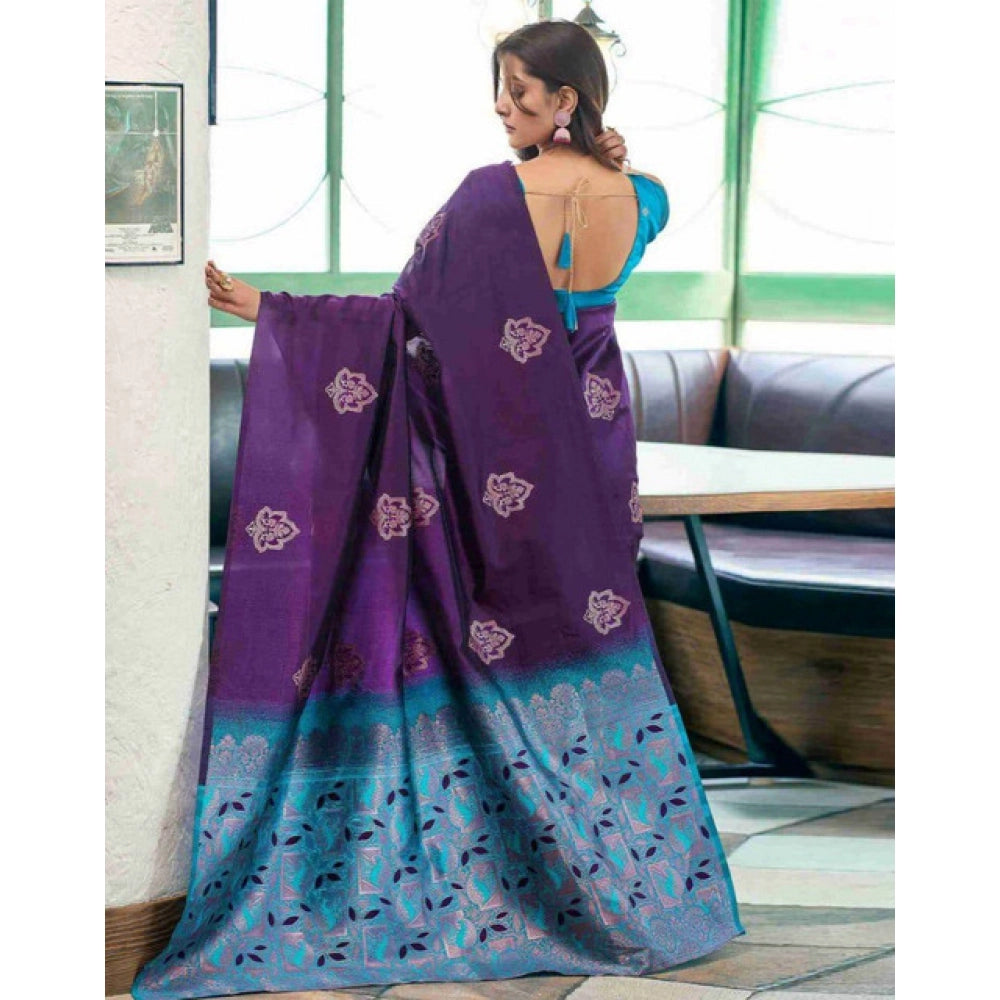 Seduva Women's Soft Lichi Silk Printed Saree With Unstitched Blouse 5.5Mtr (Blue)