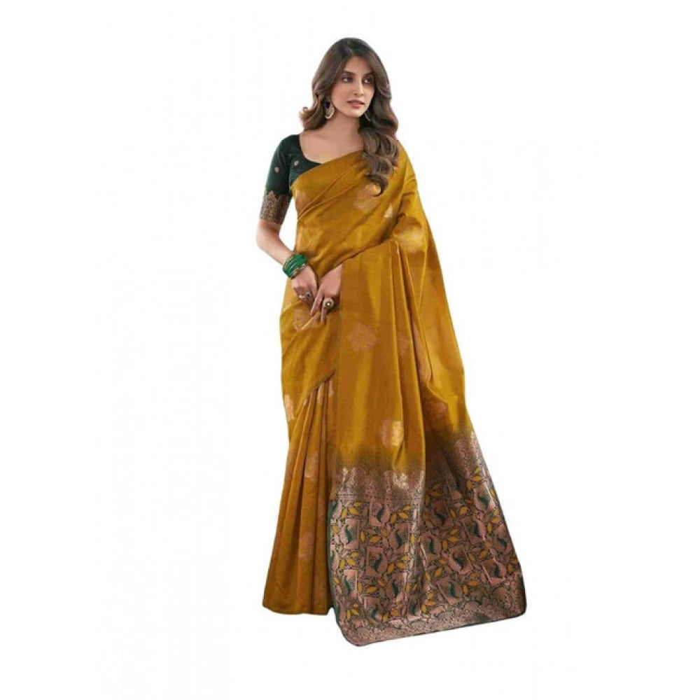 Seduva Women's Soft Lichi Silk Printed Saree With Unstitched Blouse 5.5Mtr (Mustard )