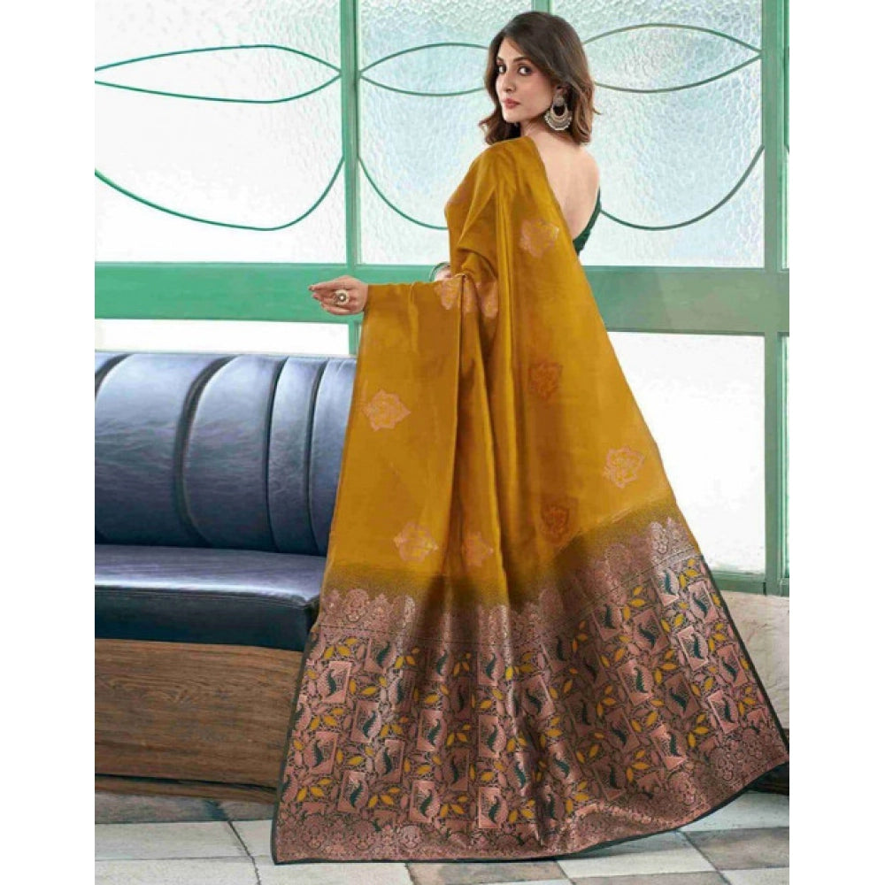 Seduva Women's Soft Lichi Silk Printed Saree With Unstitched Blouse 5.5Mtr (Mustard )