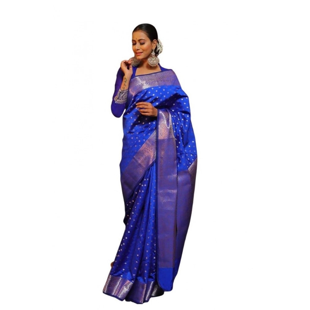Seduva Women's Soft Lichi Silk Printed Saree With Unstitched Blouse 5.5Mtr (Blue)