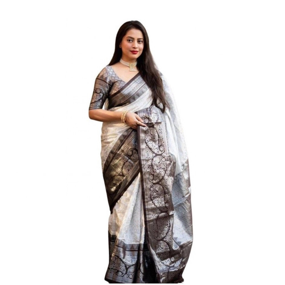 Seduva Women's Soft Lichi Silk Printed Saree With Unstitched Blouse 5.5Mtr (Off-White)