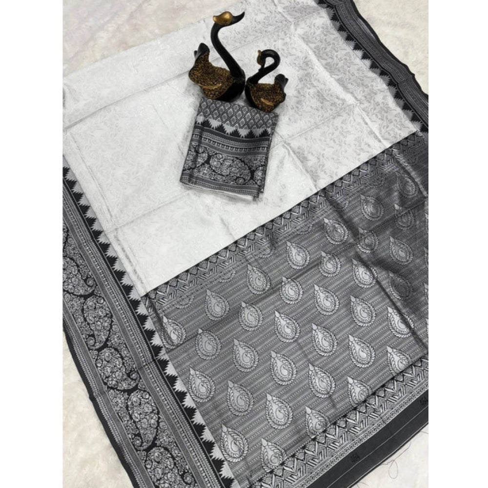 Seduva Women's Soft Lichi Silk Printed Saree With Unstitched Blouse 5.5Mtr (Off-White)