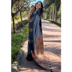 Seduva Women's Soft Lichi Silk Printed Saree With Unstitched Blouse 5.5Mtr (Grey)